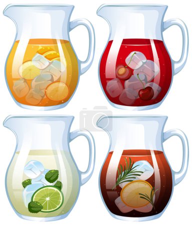 Cuatro jarras con diferentes aguas infundidas en frutas