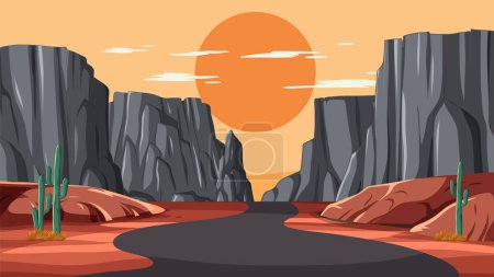 Illustration for A scenic desert road with cacti and cliffs. - Royalty Free Image