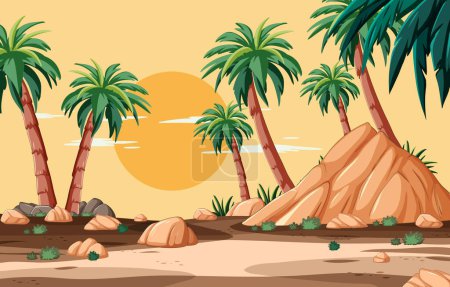 Palmiers et rochers sous un soleil couchant