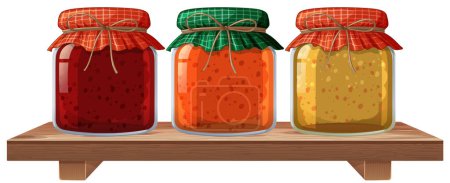 Colorful jars of jam neatly arranged on a shelf
