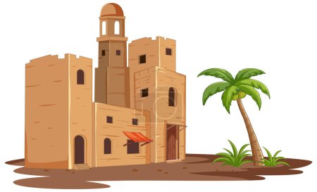 Cartoon-style ancient fortress with palm tree