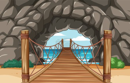 Téléchargez les illustrations : Pont en bois sortant d'une grotte rocheuse - en licence libre de droit