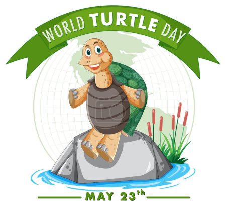 Ilustración de Tortuga alegre celebrando el Día Mundial de la Tortuga en una roca - Imagen libre de derechos