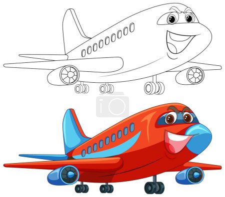 Colorful and outlined cartoon airplanes with faces
