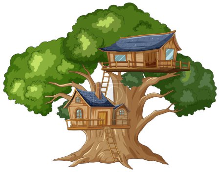 Illustration of a whimsical treehouse among green foliage