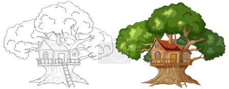 Téléchargez les illustrations : Illustration vectorielle d'une cabane dans les arbres, colorée et dessinée - en licence libre de droit