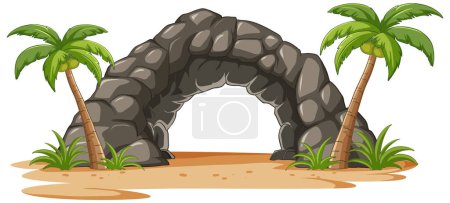 Téléchargez les photos : Arc en pierre de dessin animé avec palmiers sur sable - en image libre de droit
