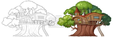 Illustration for Sketch and colored illustration of a whimsical treehouse. - Royalty Free Image