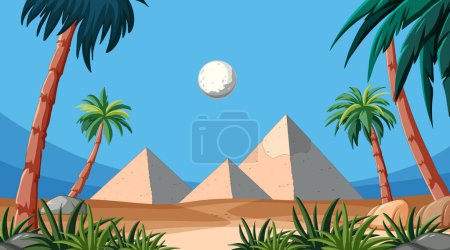 Illustration for Vector illustration of pyramids with moon and palms - Royalty Free Image