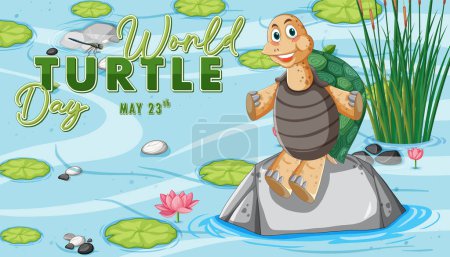 Téléchargez les illustrations : Tortue joyeuse sur un rocher célébrant la Journée mondiale de la tortue - en licence libre de droit