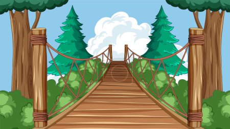 Ilustración de Dibujos animados de un puente de madera en un exuberante bosque - Imagen libre de derechos