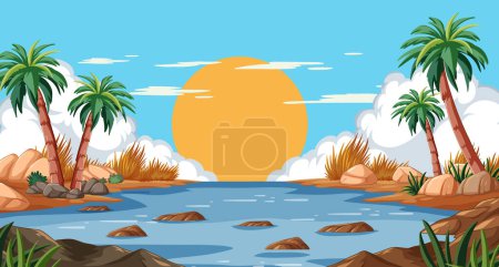Téléchargez les illustrations : Coucher de soleil serein sur une rivière tropicale tranquille - en licence libre de droit