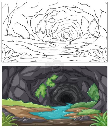 Téléchargez les illustrations : Deux illustrations stylisées de tunnels forestiers mystiques. - en licence libre de droit