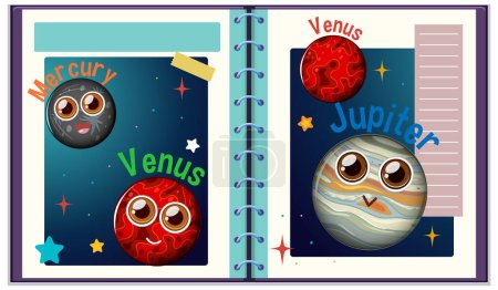 Illustration for Cute anthropomorphic planets in a vibrant notebook - Royalty Free Image