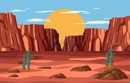 Illustration for Stylized sunset over a tranquil desert canyon scene - Royalty Free Image