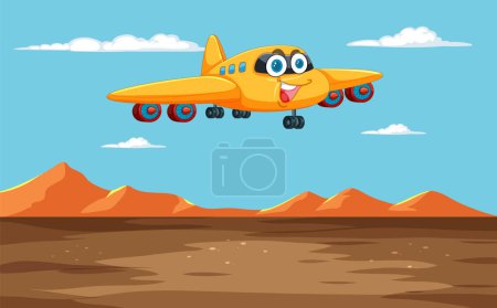 Illustration for Animated plane with face flying above desert landscape - Royalty Free Image