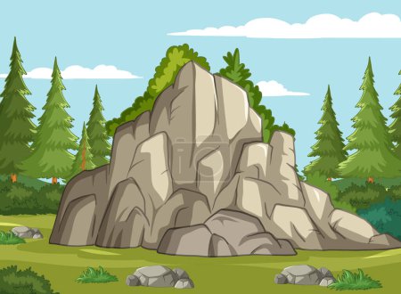 Téléchargez les photos : Illustration vectorielle d'une falaise rocheuse dans une forêt - en image libre de droit