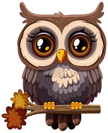 Téléchargez les illustrations : Adorable hibou dessin animé assis sur une branche en bois - en licence libre de droit