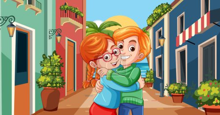 Cartoon couple hugging in a colorful alleyway