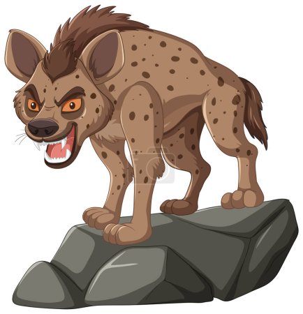 Angry spotted hyena standing on a stone