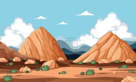 Illustration for Cartoon desert scene with mountains and clouds. - Royalty Free Image