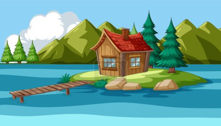 Illustration for Small wooden cabin on an island with a pier - Royalty Free Image