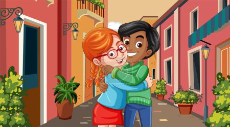 Two people hugging warmly on a quaint street.