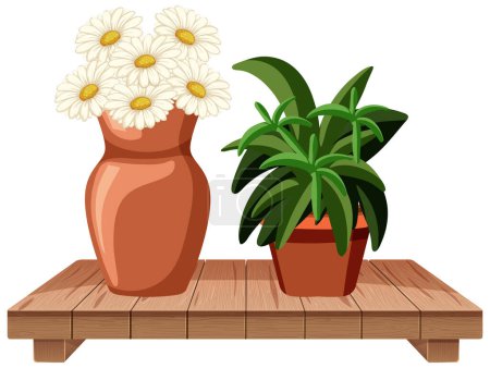 Illustration for Vector illustration of flowers and plant on shelf - Royalty Free Image