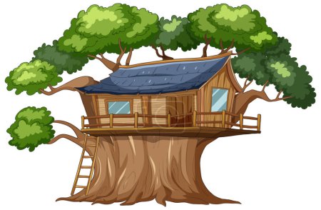 Téléchargez les illustrations : Confortable maison en bois nichée parmi les cimes vertes des arbres - en licence libre de droit