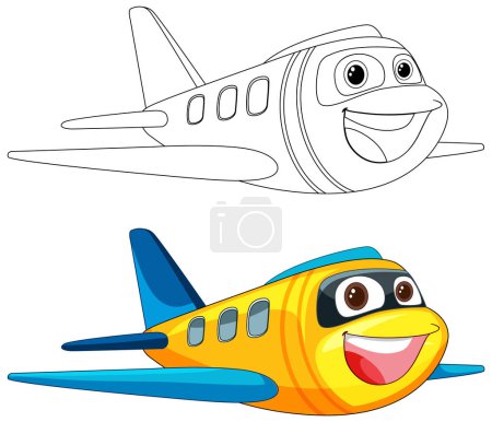Téléchargez les illustrations : Coloré et joyeux personnage de dessin animé avion - en licence libre de droit