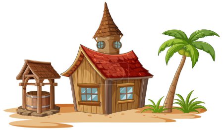 Ilustración de Ilustración vectorial de una acogedora casa de madera junto a la playa - Imagen libre de derechos