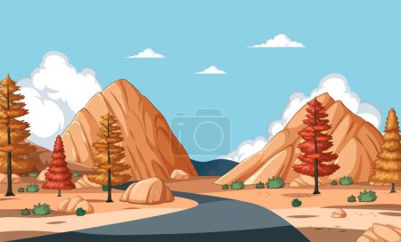 Illustration for Vector illustration of a peaceful mountain road - Royalty Free Image