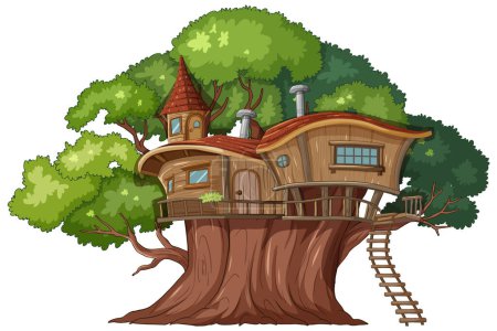 Illustration for Whimsical treehouse nestled among vibrant green foliage. - Royalty Free Image