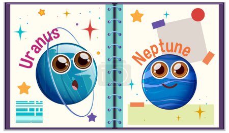 Ilustración de Tiernos planetas de dibujos animados en un colorido cuaderno espacial - Imagen libre de derechos