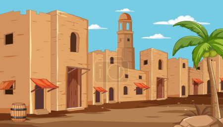 Ilustración de Ilustración vectorial de una tranquila calle del pueblo del desierto - Imagen libre de derechos