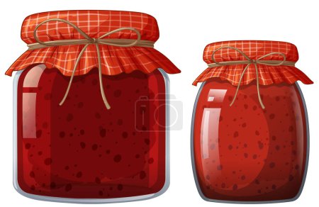 Téléchargez les illustrations : Deux pots de confiture de baies rouges avec couvercles à carreaux - en licence libre de droit