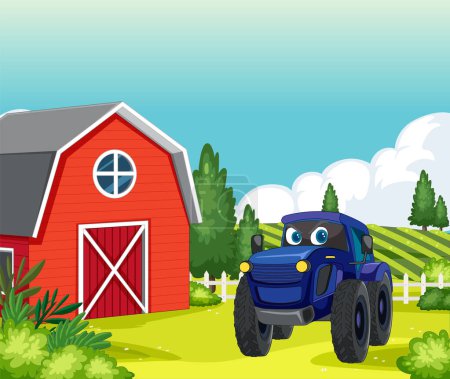Téléchargez les illustrations : Camion monstre dessin animé souriant près d'une grange rouge - en licence libre de droit