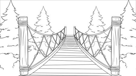 Téléchargez les illustrations : Dessin noir et blanc d'un pont dans une forêt - en licence libre de droit