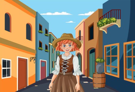 Smiling young girl in historical costume on street