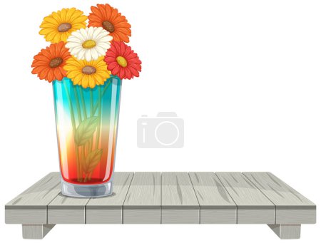 Ilustración de Flores vibrantes dispuestas en un jarrón sobre una mesa de madera. - Imagen libre de derechos