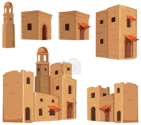 Ilustración de Colección de edificios desérticos estilizados en formato vectorial - Imagen libre de derechos