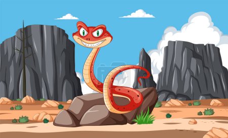 Ilustración de Serpiente de dibujos animados con una expresión lúdica en el desierto. - Imagen libre de derechos