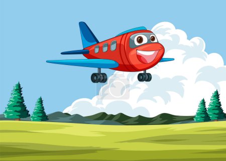 Ilustración de Avión de dibujos animados con la cara volando en el cielo - Imagen libre de derechos