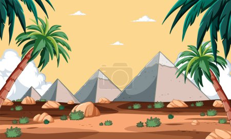Téléchargez les illustrations : Dessin animé scène du désert avec des palmiers et des montagnes - en licence libre de droit