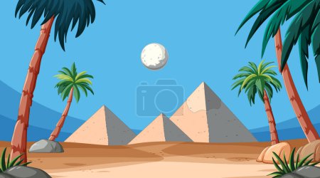 Ilustración de Ilustración vectorial de pirámides con luna y palmeras. - Imagen libre de derechos