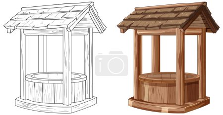 Deux styles de puits en bois, un coloré et un contour.