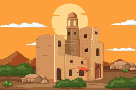 Téléchargez les illustrations : Illustration vectorielle d'une forteresse dans un paysage désertique - en licence libre de droit
