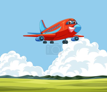 Illustration for Cartoon airplane flying above green fields and clouds. - Royalty Free Image