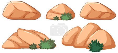 Ilustración vectorial de rocas con plantas pequeñas.