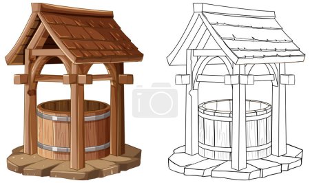 Colored and outlined wooden well drawings side by side.